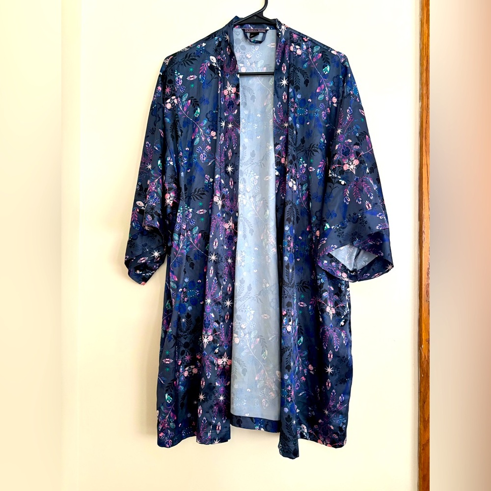 Victoria's Secret Navy Blue Floral Silky Robe Wide Sleeves M/L